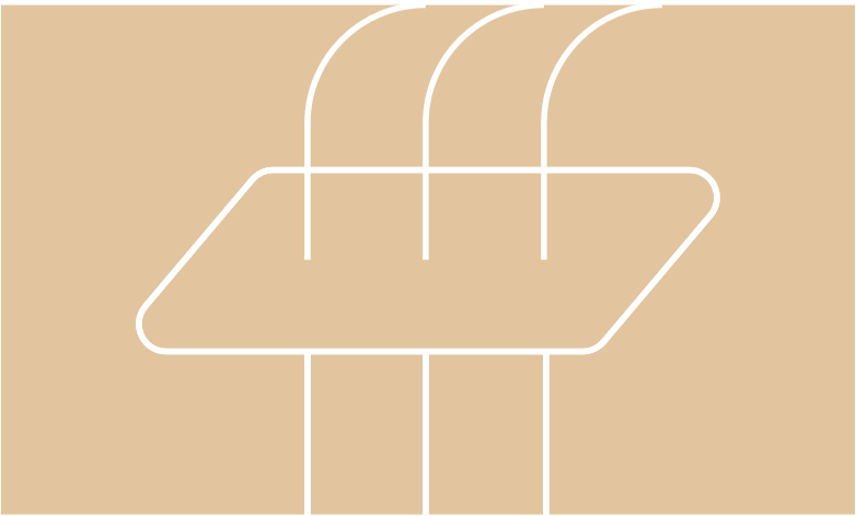 Three curved lines passing into a rectangle from above, and three extending up from below.